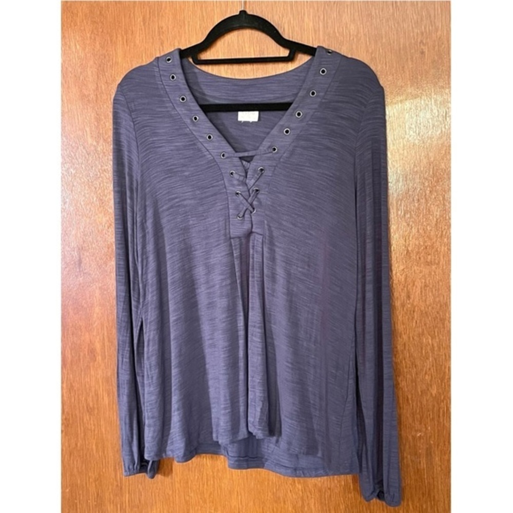 Navy Blue V-Neck with Silver Eyelet Neckline. Size L